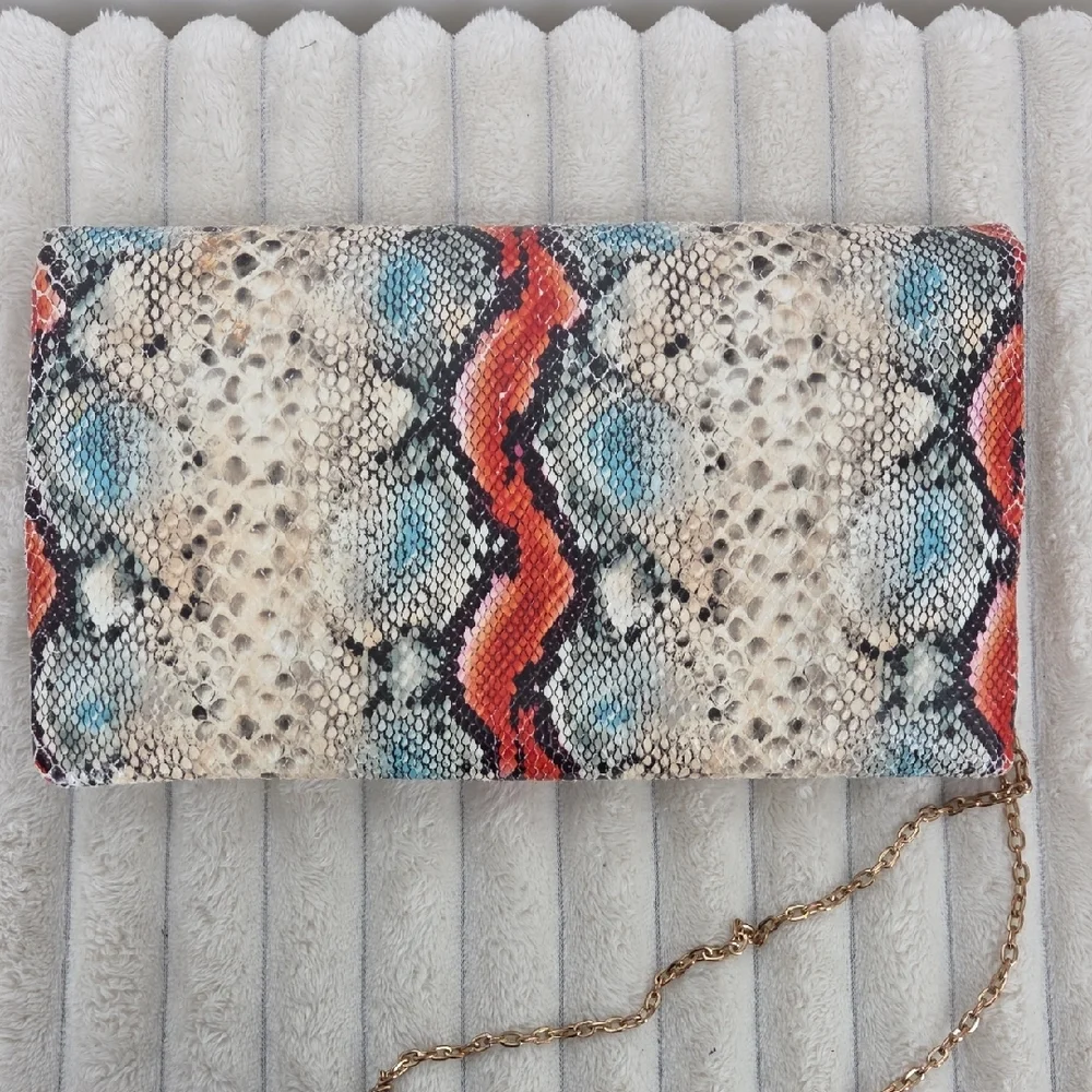 Snake-Print Clutch with Gold Chain - Multicolor